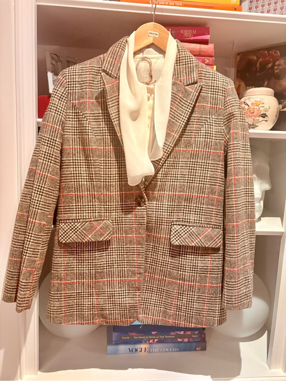 Wool Blend Plaid Blazer with Ivory blouse